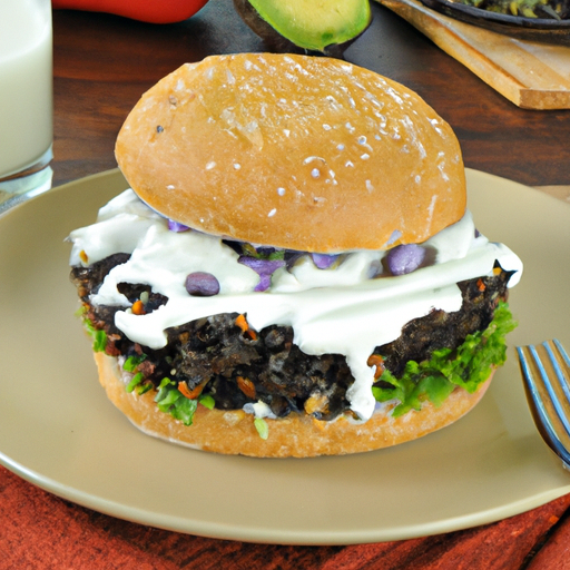 A flavorful vegetarian black bean burger topped with creamy avocado