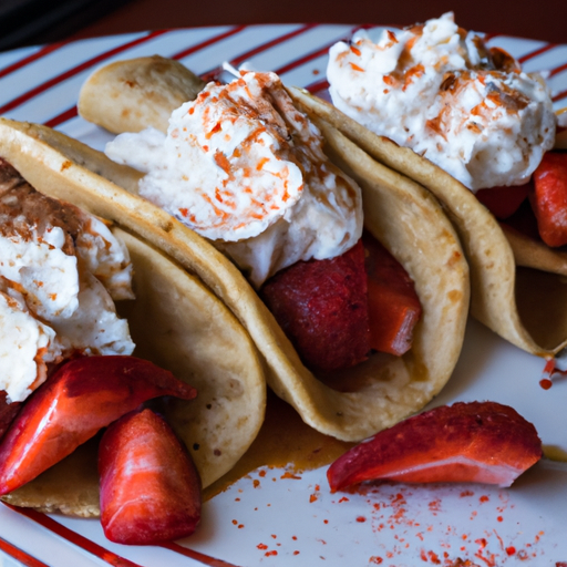 Dessert tacos with cinnamon sugar tortillas filled with strawberries and whipped cream